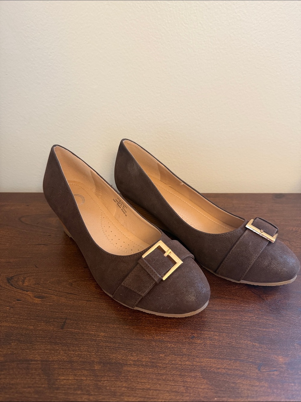 Journee Collection Brown Suede Wedge with Gold Buckle